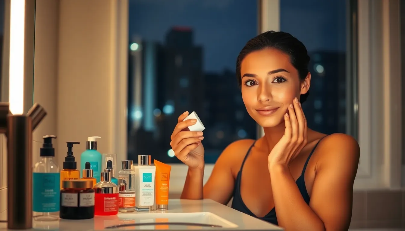 woman applying moisturizer in a modern bathroom at night.