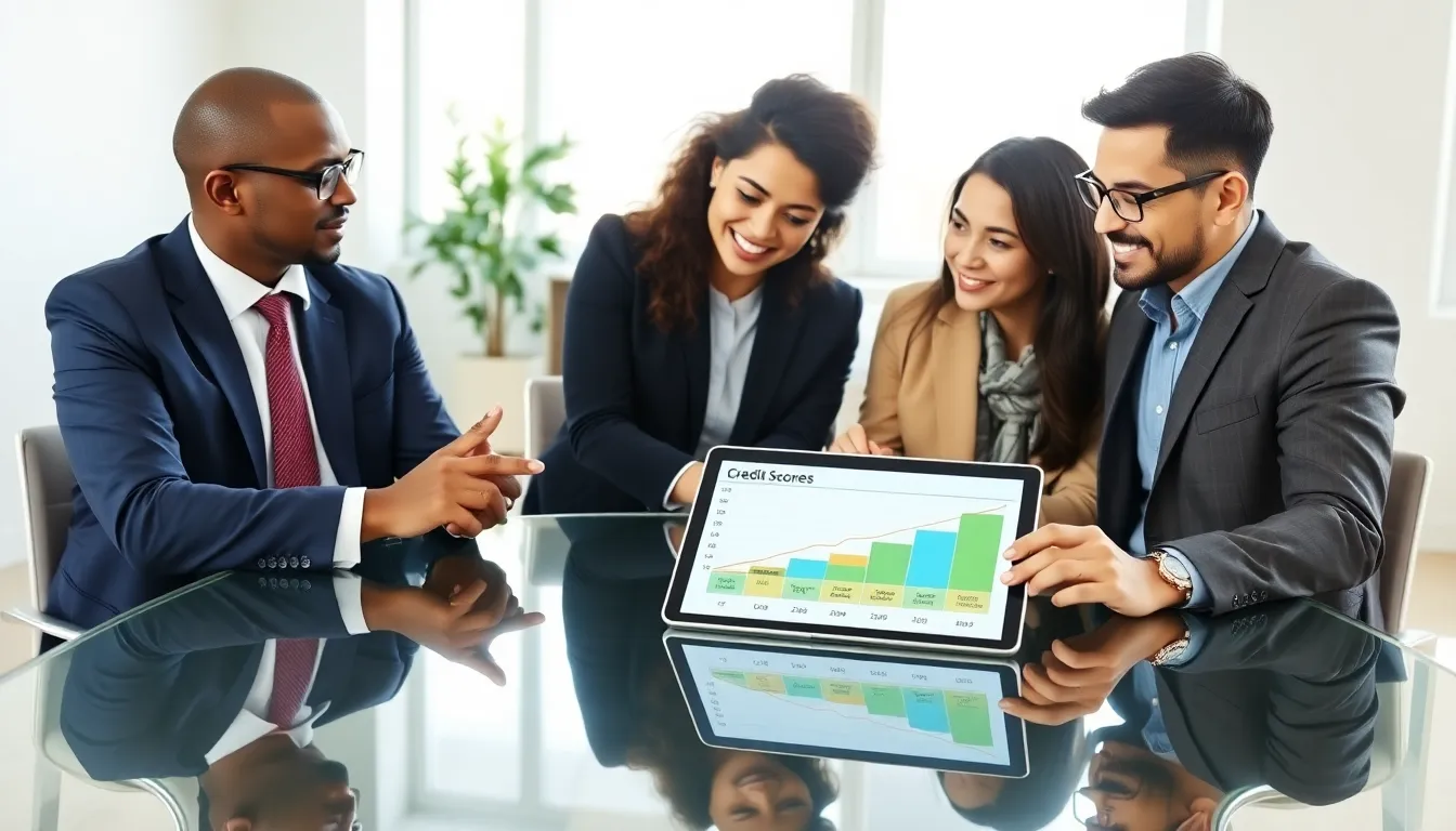 financial advisor discussing credit scores with a diverse couple in an office.
