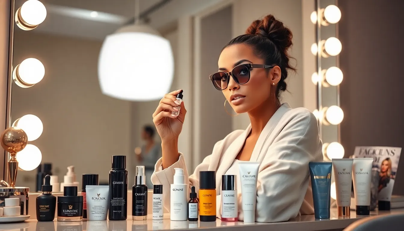celebrity at a vanity showcasing high-end skincare products.