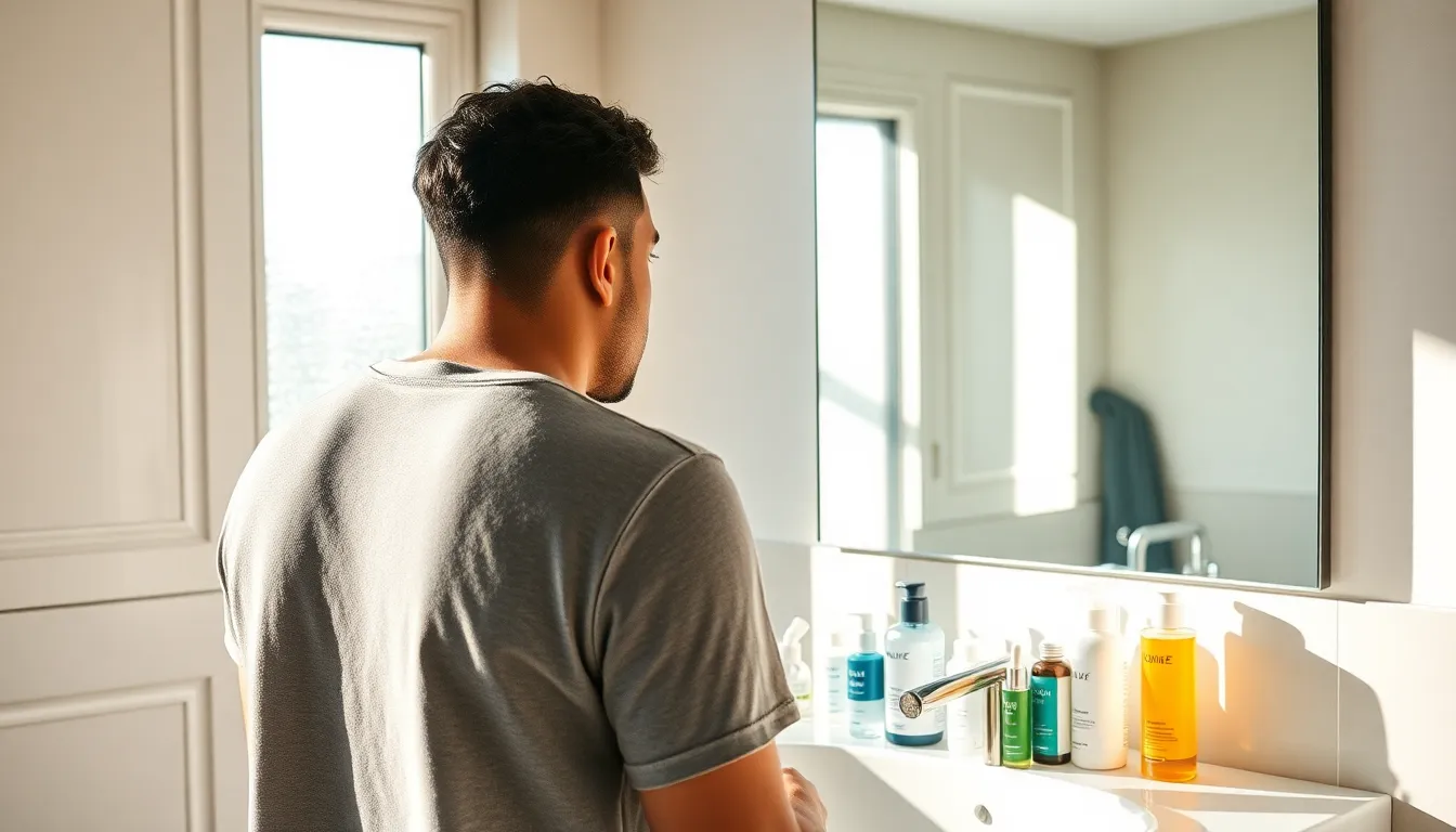 man assessing his skincare products in a modern bathroom.